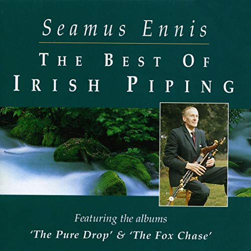 "CD cover with a man playing bagpipes outdoors, on a green background."