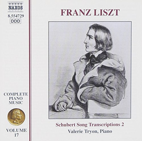 "CD cover with a sketch of Franz Liszt, white background, and red text."