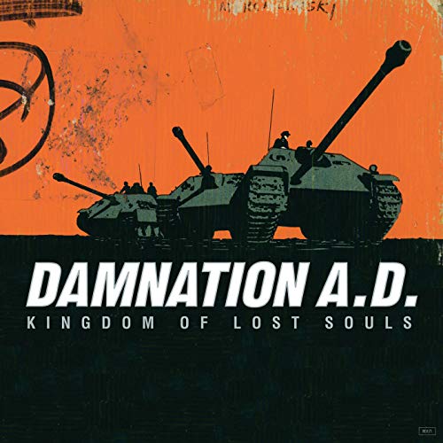"DAMNATION A.D. - Kingdom of Lost Souls" vinyl album cover featuring tanks on an orange background.