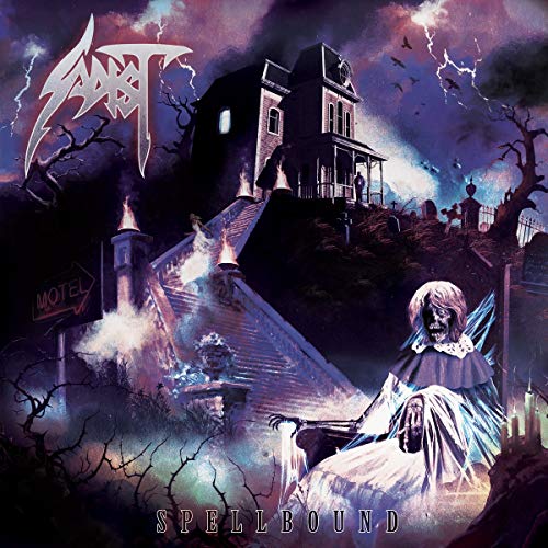 Album cover art: ghostly figure in white, haunted mansion, dark, stormy atmosphere.