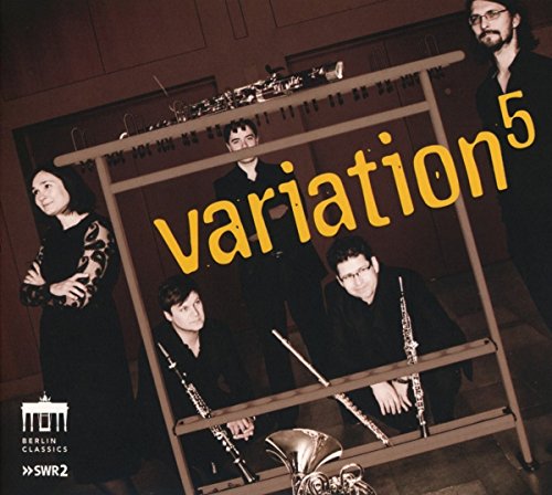 "CD cover featuring five musicians with wind instruments and 'variation5' in yellow text."