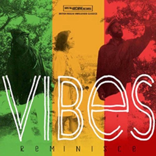 "Album cover with 'Vibes Reminisce' in white text, three people, and colorful background."