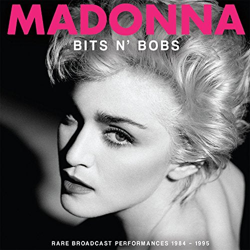 CD album cover featuring a black and white photo of Madonna with pink text.