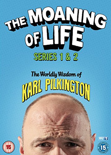 A DVD cover for "The Moaning of Life" featuring Karl Pilkington's face.