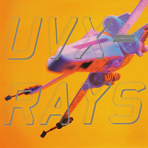 "Album cover with a spaceship and 'UVX RAYS' text on an orange background."