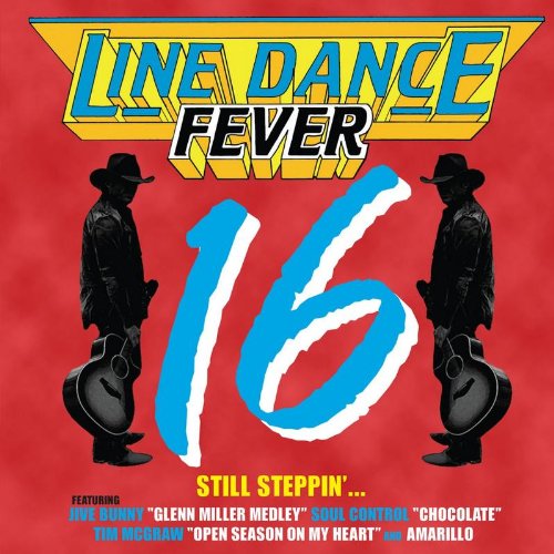 "Red CD cover with cowboy silhouettes and 'Line Dance Fever Vol 16' title."