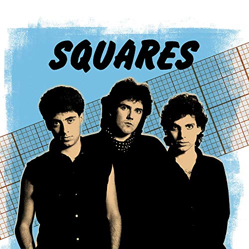 The image depicts the cover art for the album "Squares" by Satriani Joe. The alt text for this image could be: "Album cover featuring three men in dark attire against a blue grid background."