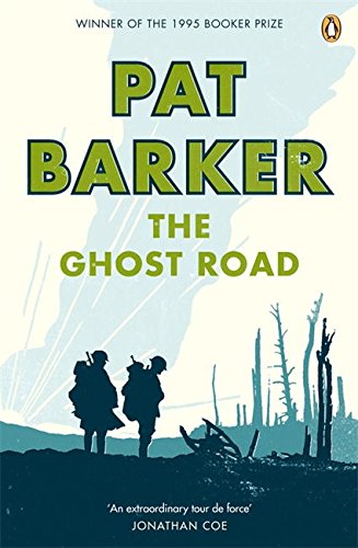 Book cover of "The Ghost Road" by Pat Barker, featuring silhouetted soldiers against a yellow and red landscape.
