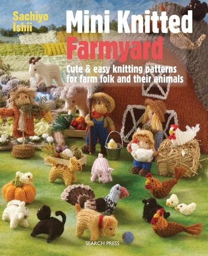 "Book cover featuring knitted farm animals and people on a grassy green background."