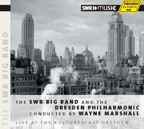 "Album cover with black-and-white cityscape and text describing the music and artists."