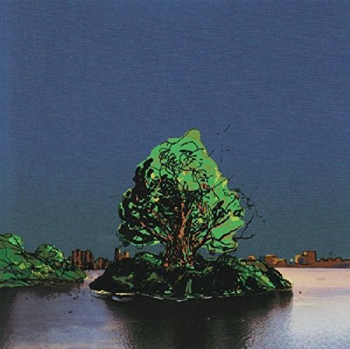 "Album cover featuring a tree on a small island with a city skyline."