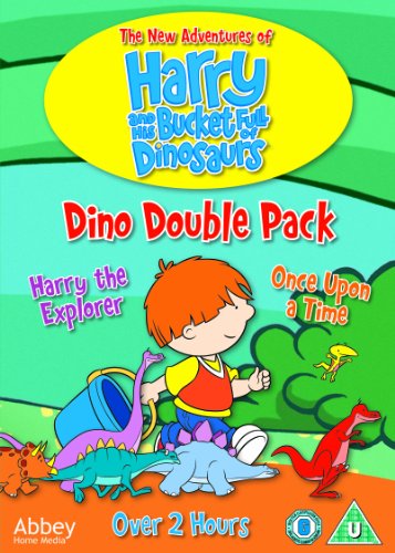 "DVD cover featuring a cartoon boy surrounded by dinosaurs, with colourful text and graphics."