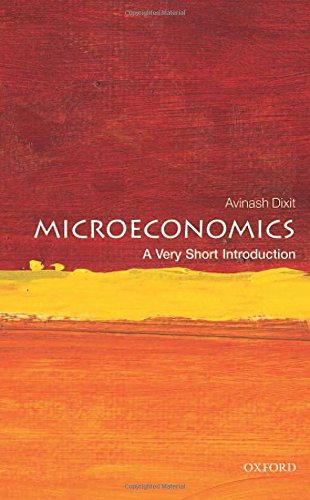 "Book cover with red and orange abstract background, white text 'Microeconomics: A Very Short Introduction'."