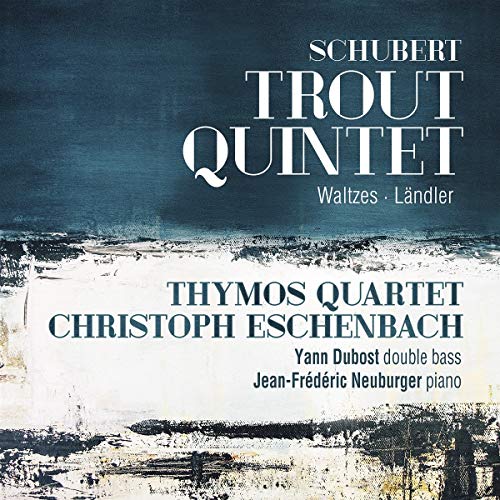 "CD cover with blue and white abstract background, featuring 'Schubert Trout Quintet' text prominently."