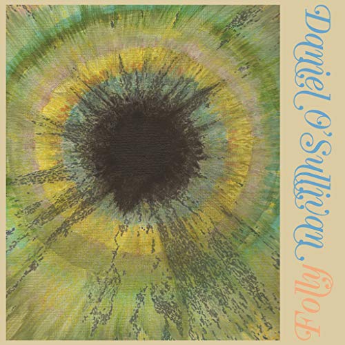 Album cover with abstract green and yellow artwork, black center, on a beige background.