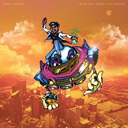 Vinyl record album cover featuring a man riding a futuristic, robotic fish over a cityscape.