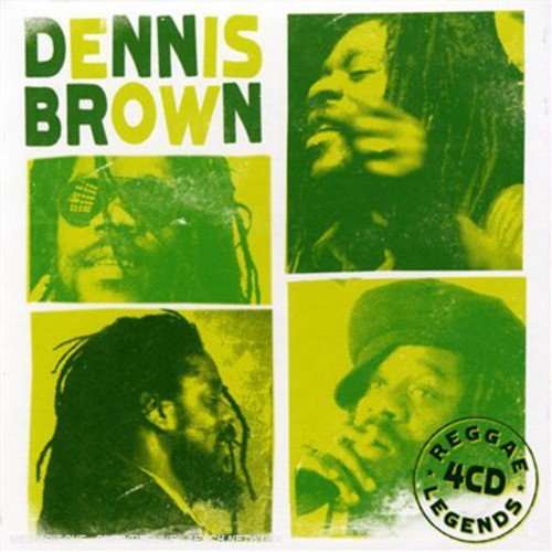 "Dennis Brown CD box set cover featuring four monochrome green photos of the artist."