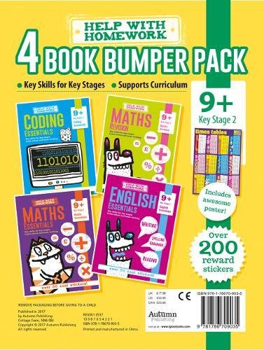 The image shows a yellow package with four colourful workbooks and a barcode.