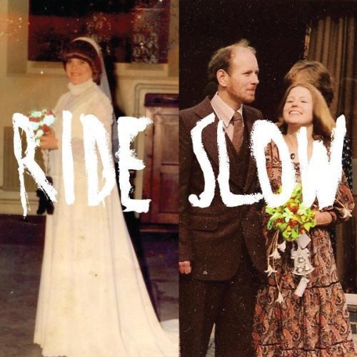 "Album cover with 'Ride Slow' text over two wedding photos, one formal and one informal."