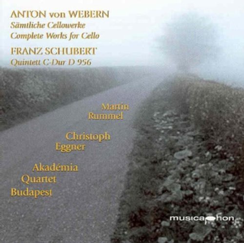 "CD cover with foggy road image and gold text listing artists and composers."