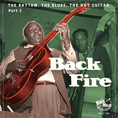 "Vinyl album cover with two men playing instruments, 'Back Fire' in white text."
