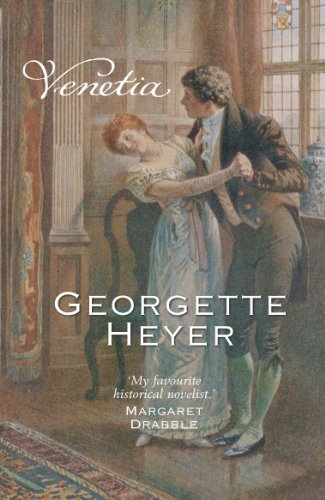 "Book cover of 'Venetia' by Georgette Heyer, featuring a woman in a white dress."