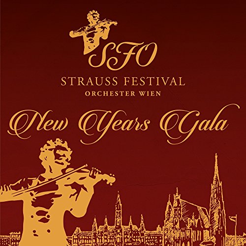 "Red album cover with gold text and silhouettes of violinists and a city skyline."