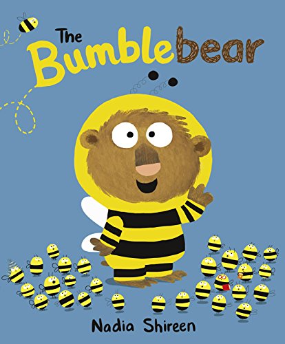 The image depicts a children's book cover featuring a cartoon bear dressed as a bee. The alt text for this image is: "Cartoon bear in a bee costume surrounded by bees."