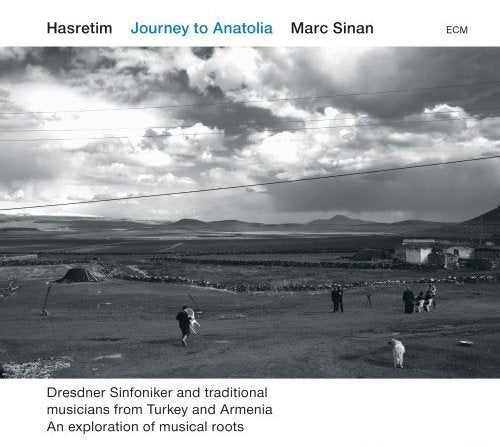 "Black and white album cover with a child and animals in a rural landscape."