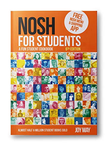 "Orange cookbook cover with 'NOSH FOR STUDENTS' title and grid of small student photos."