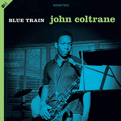 "Blue-tinted album cover featuring John Coltrane playing saxophone, with 'Blue Train' and 'John Coltrane' text."