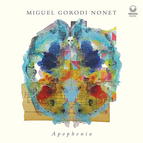 "Album cover with abstract, colorful artwork and text 'Miguel Gorodi Nonet' and 'Apophenia'."