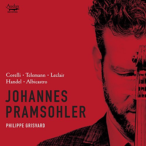 Red album cover with a man holding a violin, names and composer list.