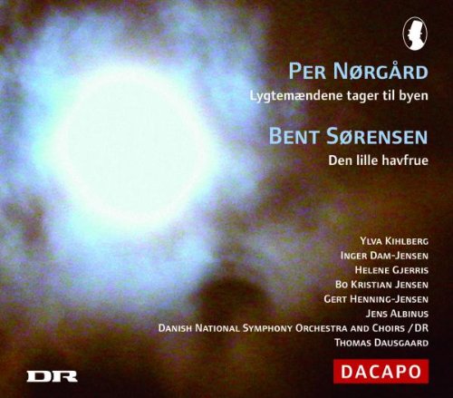 "CD cover with a glowing light and Danish text, featuring 'DR' and 'DACAPO' logos."