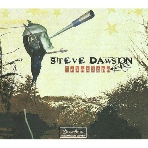 "CD cover art featuring a man upside down, holding a telescope, with trees and stars."