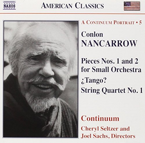 "CD cover with black-and-white photo of Conlon Nancarrow and text listing musical compositions."