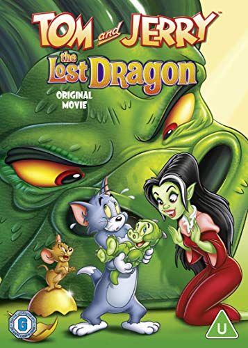 "Tom and Jerry DVD cover featuring cartoon cat, mouse, and green dragon."