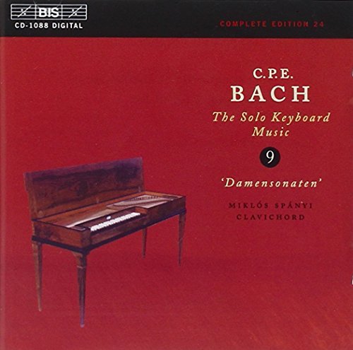 Red CD cover with clavichord image and white and yellow text, featuring C.P.E. Bach's music.