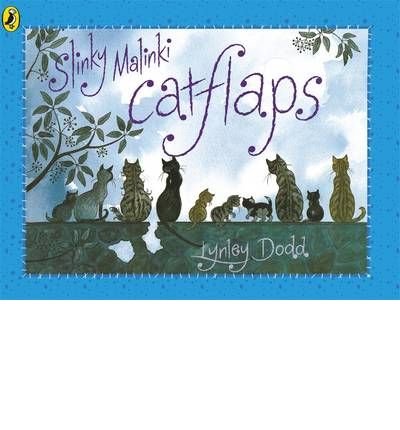 "Children's book cover featuring cats on a wall, with title 'Slinky Malinki Catflaps' and author's name."
