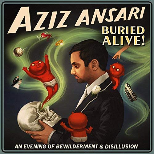 "Aziz Ansari vinyl cover featuring a man surrounded by cartoon babies and swirling green mist."