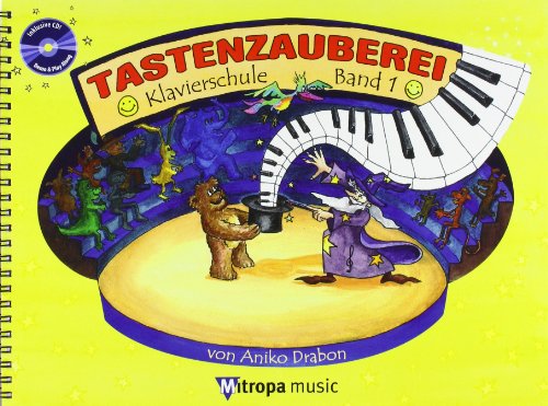 "Yellow spiral-bound book cover with cartoon wizard and bear on a piano stage."
