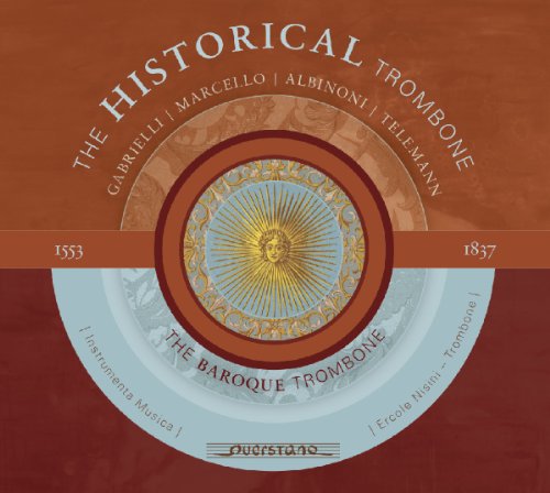 "CD cover with a circular design and historical trombone theme."
