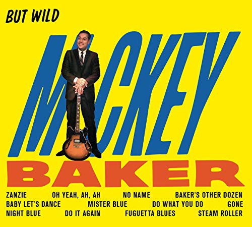 "Album cover featuring Mickey Baker holding a guitar, with track list on yellow background."