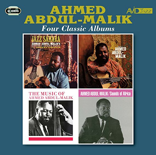 "CD cover with four album images featuring Ahmed Abdul-Malik playing various instruments on blue background."