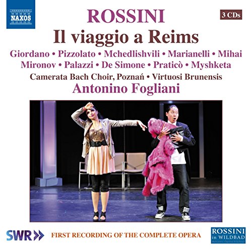 CD cover for Rossini's "Il viaggio a Reims" featuring opera performers on a darkened stage.