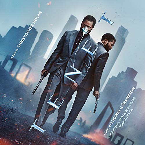 "CD cover for Tenet soundtrack, featuring two men in suits with guns, cityscape behind."