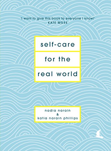 "Book cover with blue wavy pattern, white and yellow text boxes, and title 'self-care for the real world'."