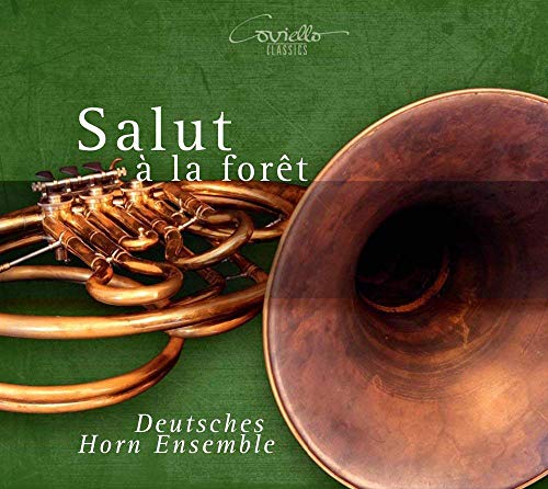 "CD cover featuring a French horn on a green background with white text."