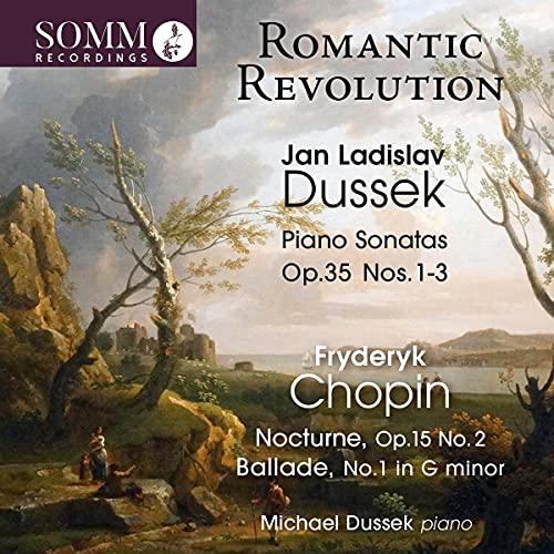 "Album cover with Romantic landscape painting and black and white text on cloudy sky background."