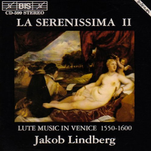 "CD cover with Renaissance painting of reclining nude woman and musician on black background."